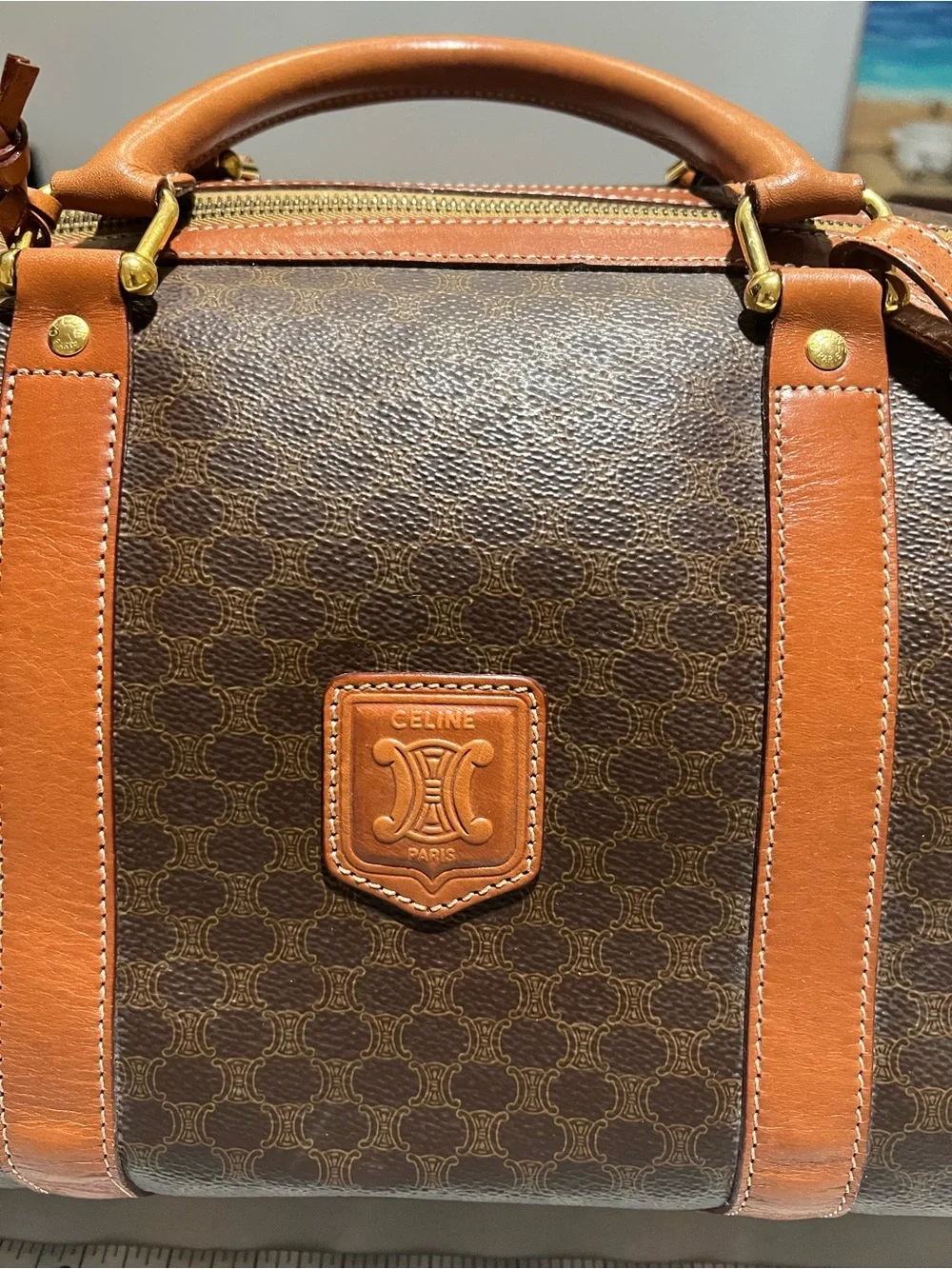 Classic Celine Brown Leather-Trim Travel Duffel Bag